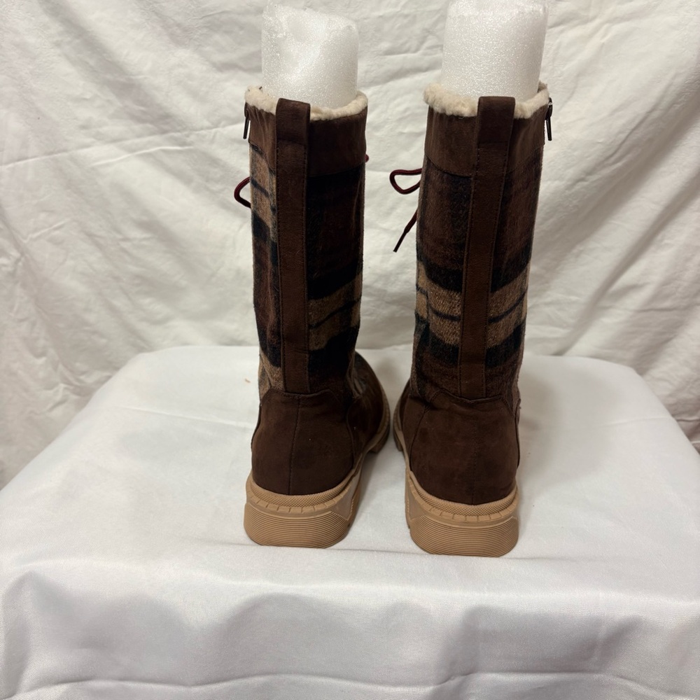 Hayleigh Lace-Up Winter Boots in a brown plaid pattern. - Picture 5 of 13